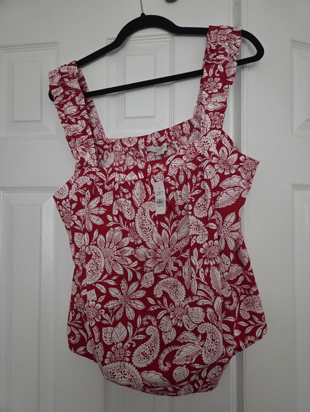 LOFT White Floral-Print Red Square-Neck Camisole